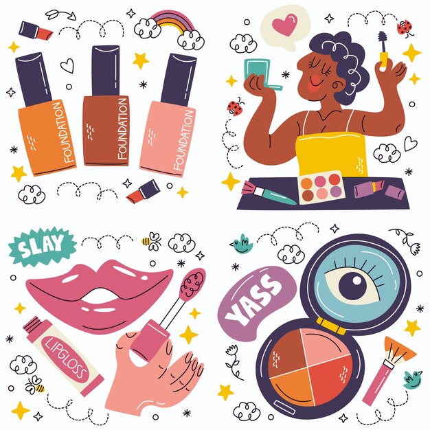 Doodle cosméticos y colección de pegatinas de maquillaje.
