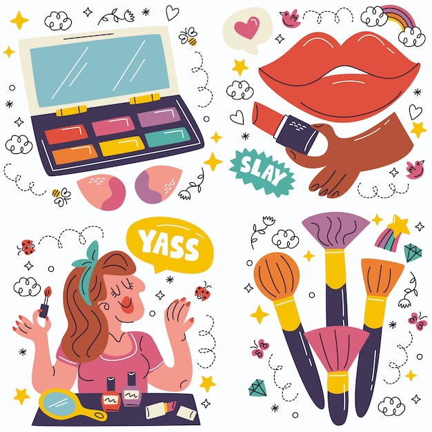 Doodle cosméticos y colección de pegatinas de maquillaje.