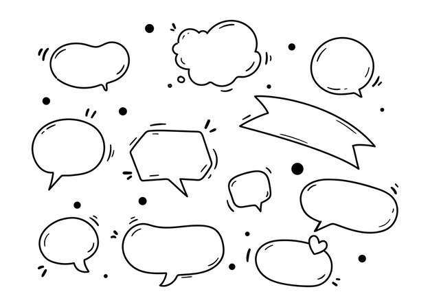 Doodle dibujado a mano burbujas de voz en blanco mensaje comentario cuadro de diálogo conjunto de formas ilustración vectorial