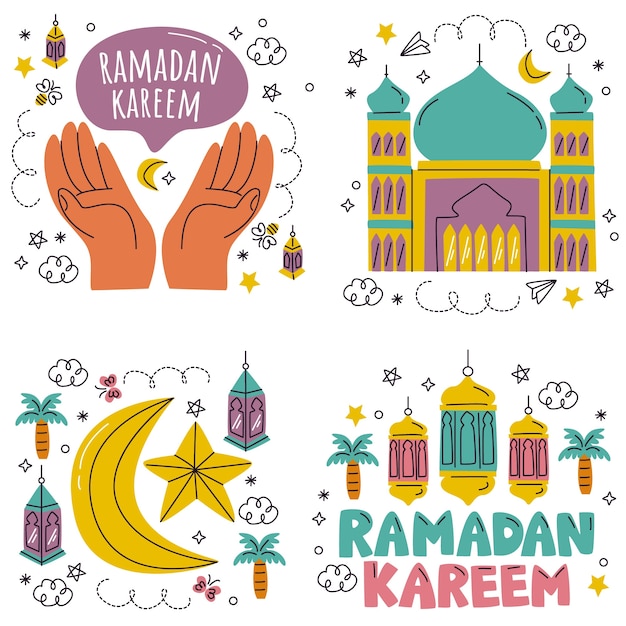 Vector gratuito doodle dibujado a mano colección de pegatinas de ramadán