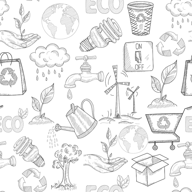 Vector gratuito doodle ecología de patrones sin fisuras con plantas naturaleza conservación símbolos vector ilustración