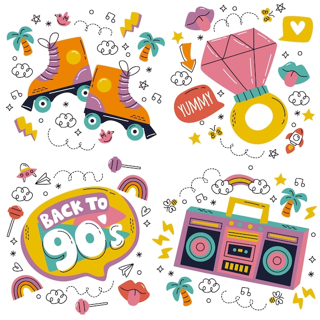 Vector gratuito doodle estilo volver a las pegatinas de los 90