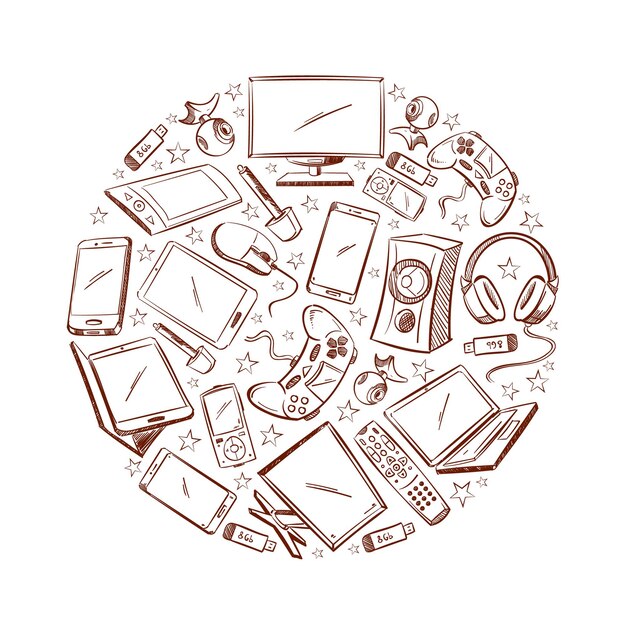 Doodle ilustración de dibujado a mano de dispositivo electrónico de video y computadora.
