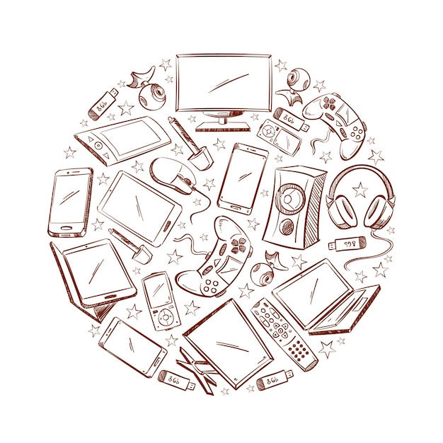 Doodle ilustración de dibujado a mano de dispositivo electrónico de video y computadora.
