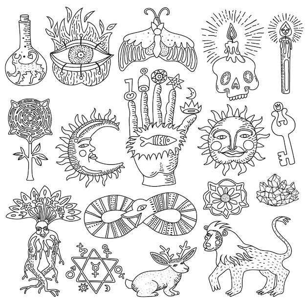 Doodle monocromo conjunto de diseños de tatuajes mágicos de moda aislados