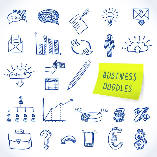 Doodle negocio conjunto de finanzas economía comercialización iconos decorativos aislados ilustración vectorial