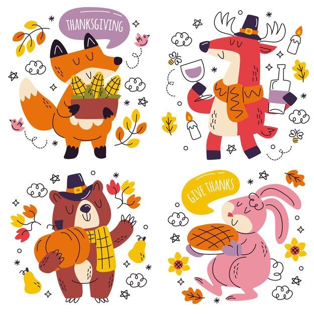 Doodle pegatinas de acción de gracias dibujadas a mano