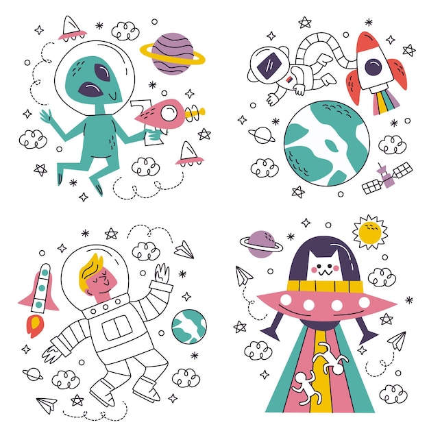 Vector gratuito doodle pegatinas de ciencia ficción dibujadas a mano