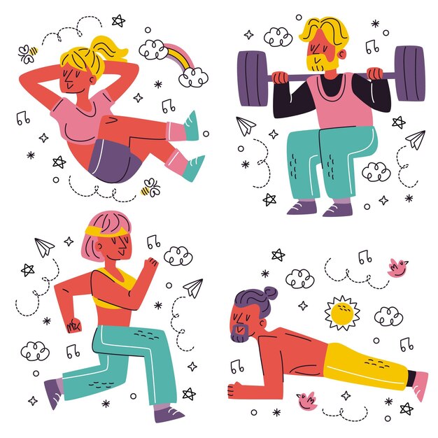 Doodle pegatinas de entrenamiento dibujadas a mano
