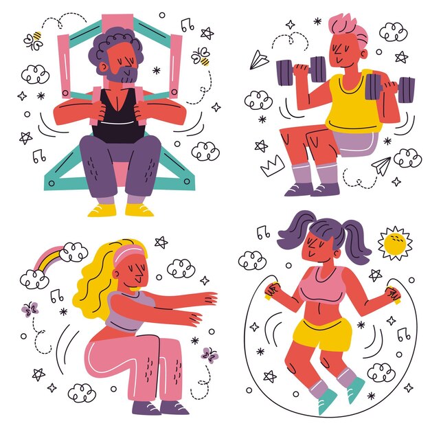 Doodle pegatinas de entrenamiento dibujadas a mano