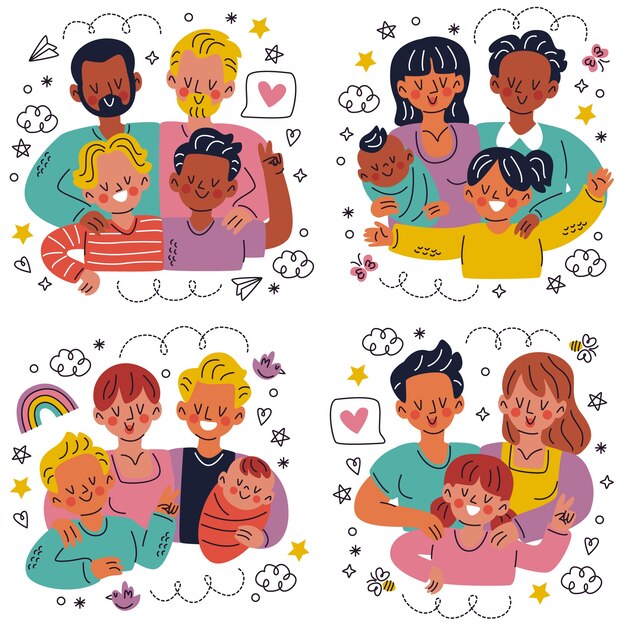 Doodle pegatinas familiares dibujadas a mano