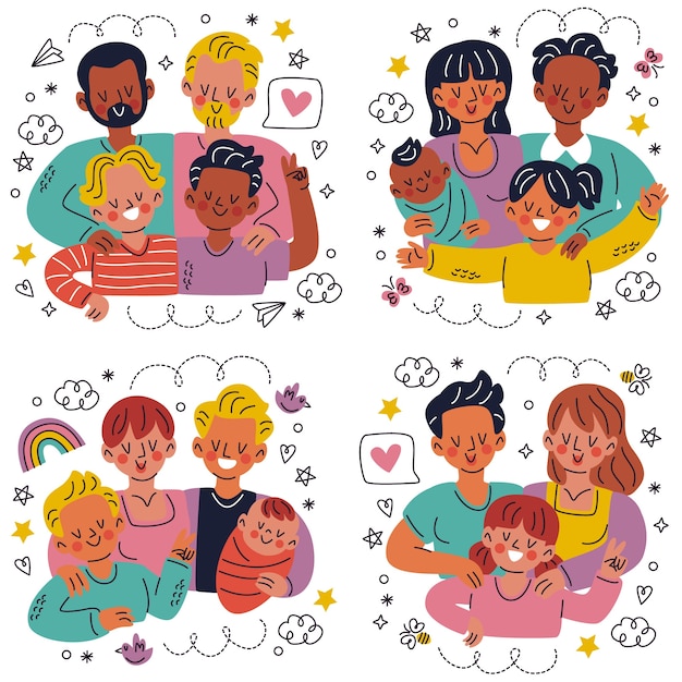 Doodle pegatinas familiares dibujadas a mano