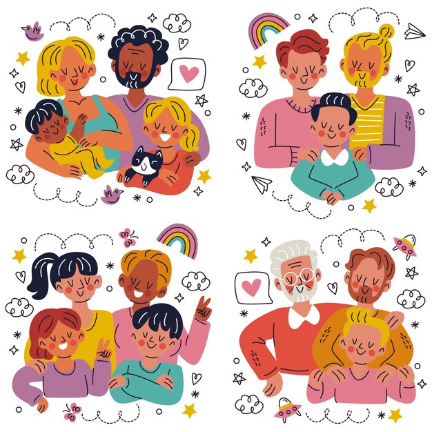 Doodle pegatinas familiares dibujadas a mano