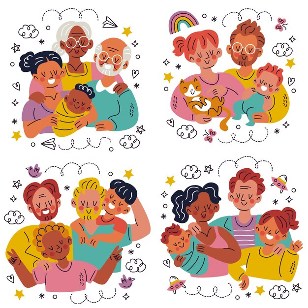 Doodle pegatinas familiares dibujadas a mano