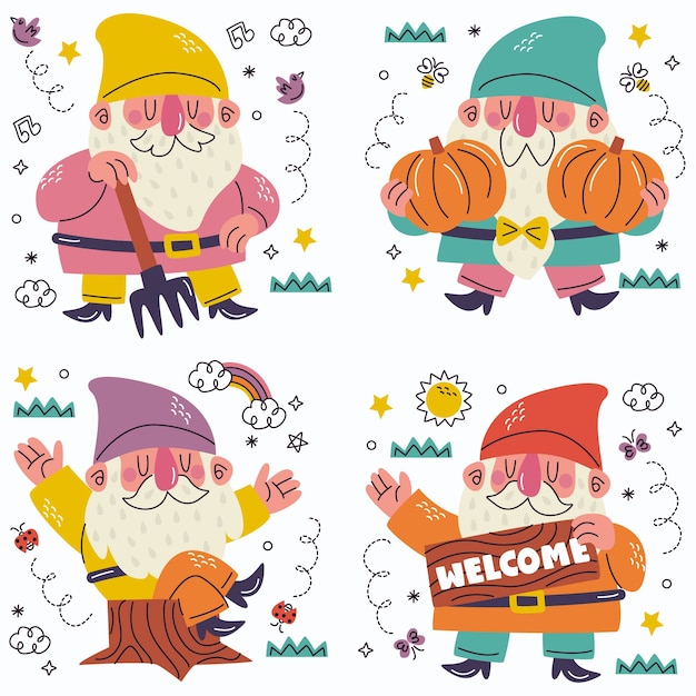 Vector gratuito doodle pegatinas de gnomos dibujados a mano