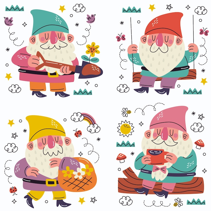 Vector gratuito doodle pegatinas de gnomos dibujados a mano