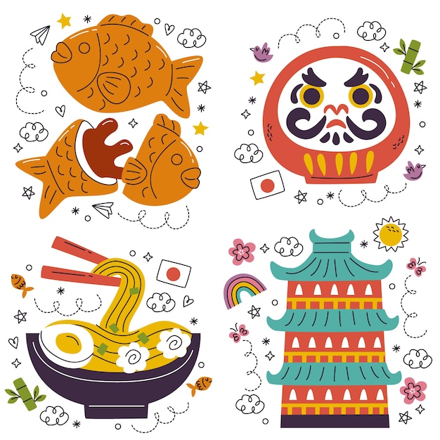 Vector gratuito doodle pegatinas de japón dibujadas a mano