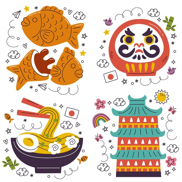 Doodle pegatinas de japón dibujadas a mano