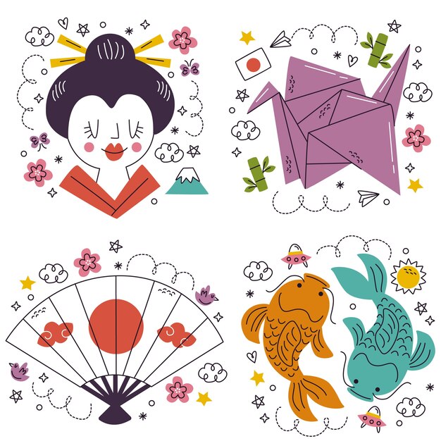 Doodle pegatinas de japón dibujadas a mano