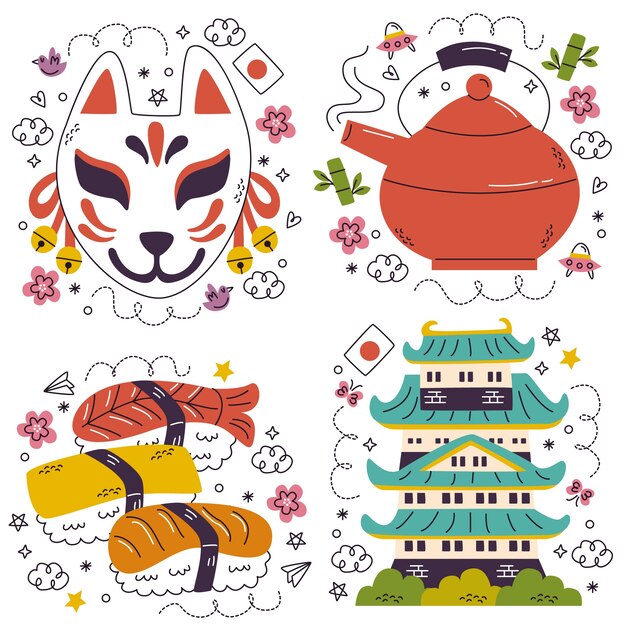 Doodle pegatinas de japón dibujadas a mano