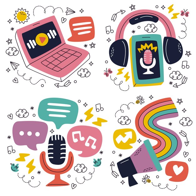 Doodle pegatinas de podcast en línea dibujadas a mano