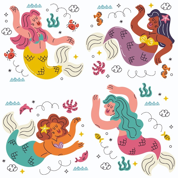 Vector gratuito doodle pegatinas sirenas dibujadas a mano