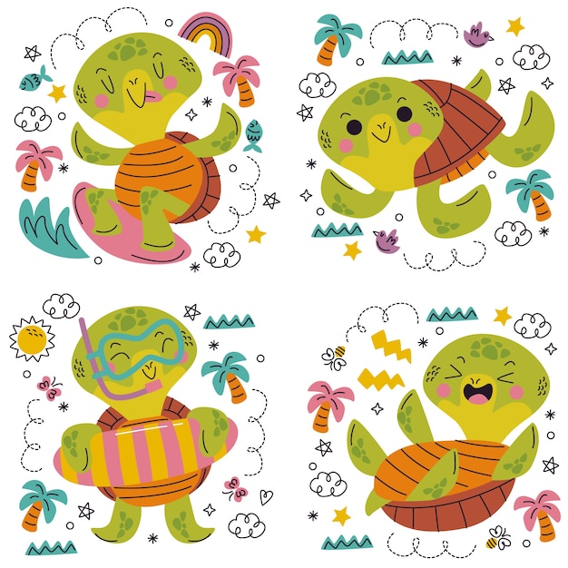 Vector gratuito doodle pegatinas de tortuga dibujadas a mano