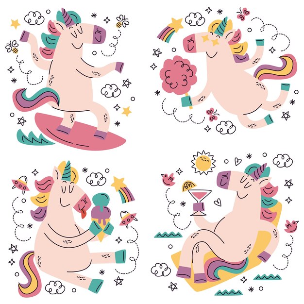 Doodle pegatinas de unicornio dibujadas a mano