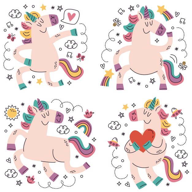 Doodle pegatinas de unicornio dibujadas a mano
