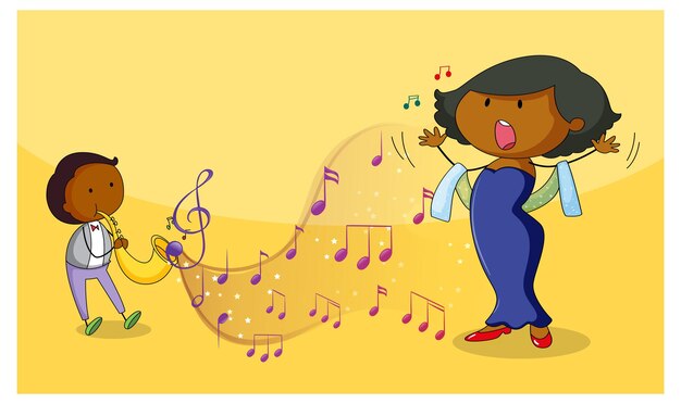 Doodle personaje de dibujos animados de una mujer cantante cantando con símbolos de melodía musical