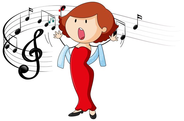 Doodle personaje de dibujos animados de una mujer cantante cantando con símbolos de melodía musical
