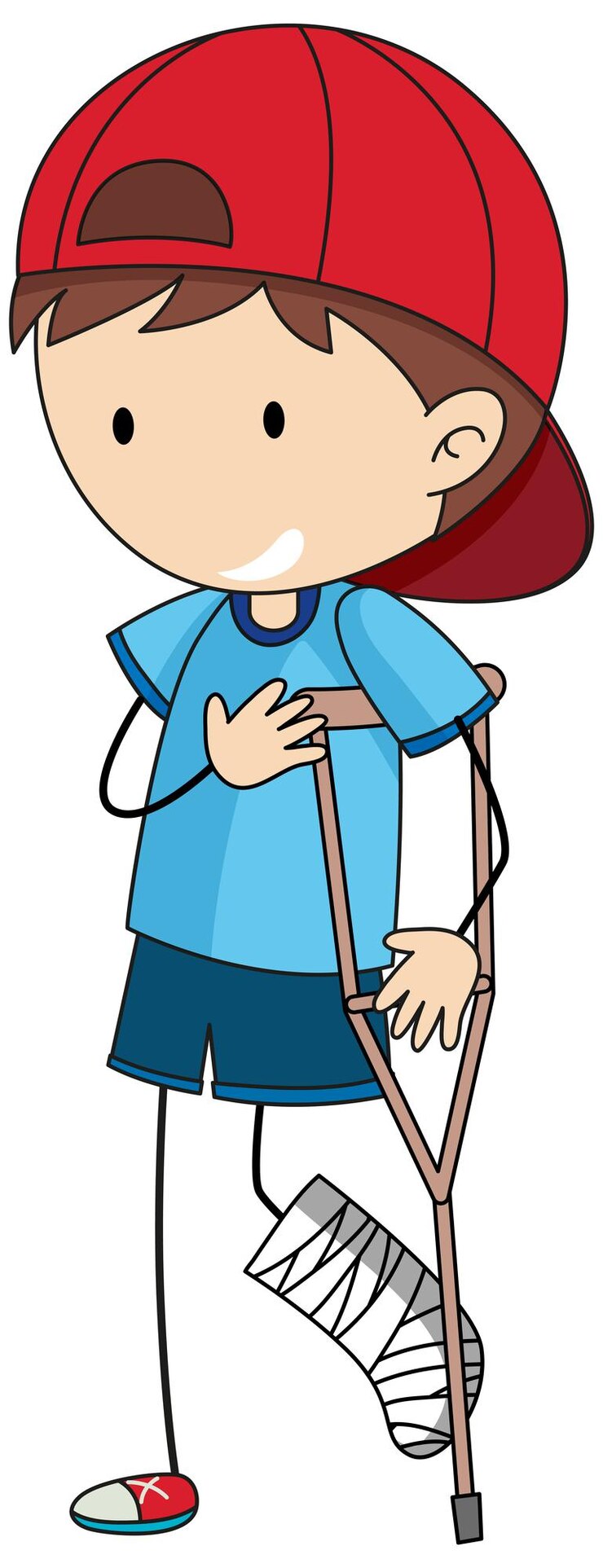 Vector gratuito doodle personaje de dibujos animados de un niño con férula en la pierna y muleta