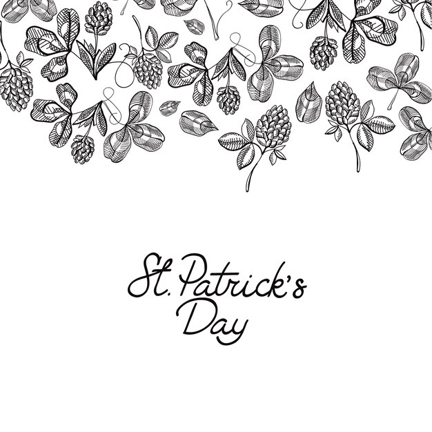 Doodle de tarjeta de felicitación de diseño decorativo original monocromo con letras sobre el día de San Patricio y ramas de salto ilustración vectorial