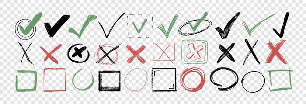Doodle tiza lápiz marcas de comprobación carbón iconas de lista de comprobación y lápices de colores señales de tick y cruz