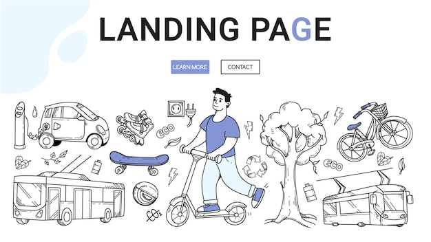 Doodle urban eco transporte landing page joven en scooter mano dibujo vector ilustración electr
