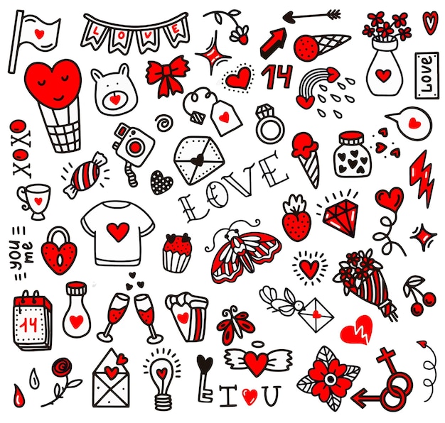 Doodles de amor del día de san valentín. ilustración de vector en estilo doodle. diseño para el día de san valentín, bodas, tarjetas de felicitación.