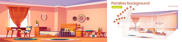 Dormitorio estilo boho con cama, escritorio, silla, alfombras redondas y decoración de macramé en la pared. Fondo de paralaje vectorial para animación 2d con interior bohemio de dibujos animados con muebles de madera