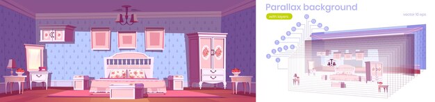 Dormitorio en estilo shabby chic con cama, armario y espejo. Fondo de paralaje de vector para animación 2d con interior de dibujos animados con muebles de color rosa con decoración de flores