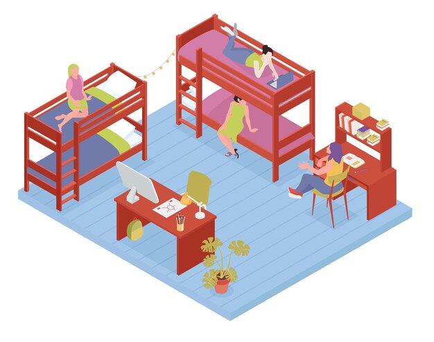 Dormitorio de estudiantes composición isométrica interior con personajes femeninos jóvenes que viven y estudian juntos ilustración vectorial