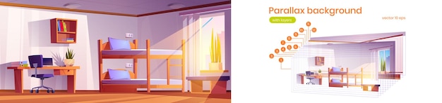 Dormitorio de estudiantes de fondo Parallax con literas