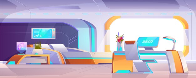 Dormitorio futurista con muebles, apartamento vacío o interior de nave espacial