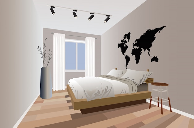 Vector gratuito dormitorio moderno de diseño minimalista con flores y luces.