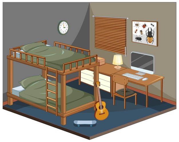Dormitorio con muebles isométricos.