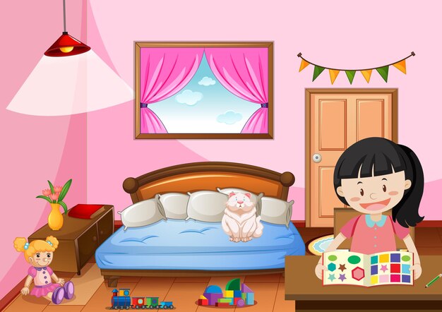 Dormitorio de niña en tema de color rosa con una niña