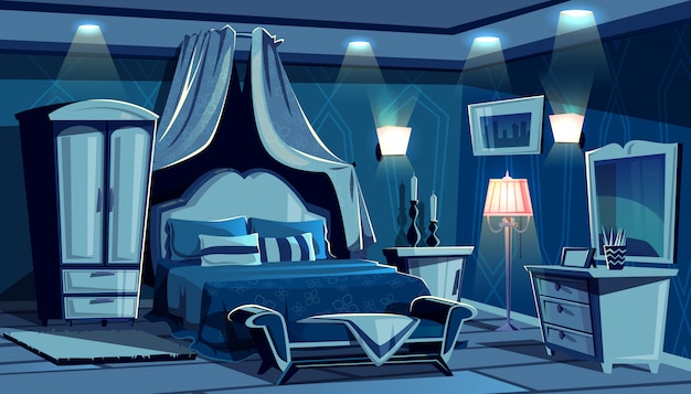 Dormitorio de la noche con el ejemplo ligero de la iluminación de las lámparas. Clásico o moderno cómodo acogedor