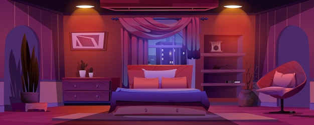 Vector gratuito dormitorio nocturno con ventana y paisaje urbano fondo de dibujos animados dormitorio acogedor interior de la habitación en casa nadie dentro apartamento de hotel moderno con alfombra de sillón de planta y diseño de vista del rascacielos de la ciudad