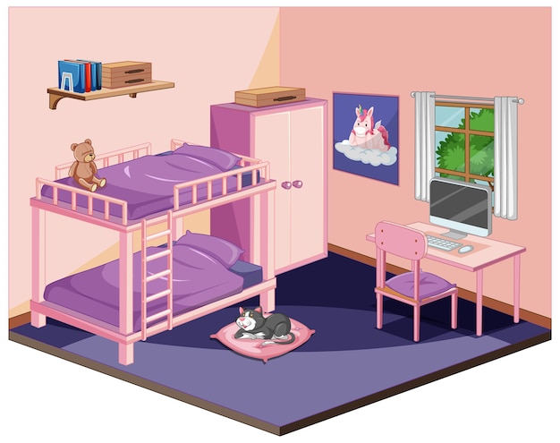El dormitorio en el tema de color rosa isométrico