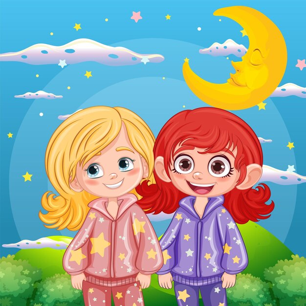 Dos amigos en el jardín por la noche en pijama