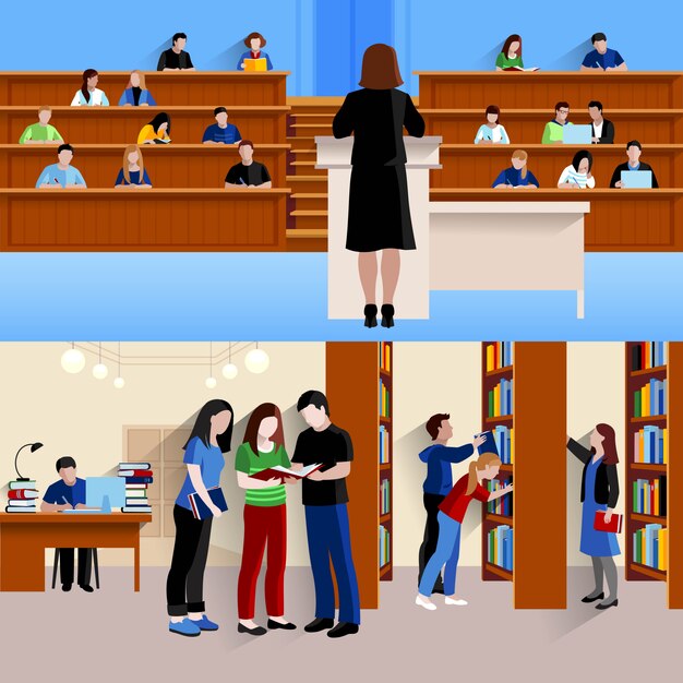 Dos antecedentes horizontales con estudiantes en la universidad escuchando conferenciante y preparándose para exámenes aislados ilustración vectorial