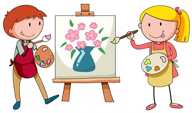 Dos artistas pintando sobre lienzo